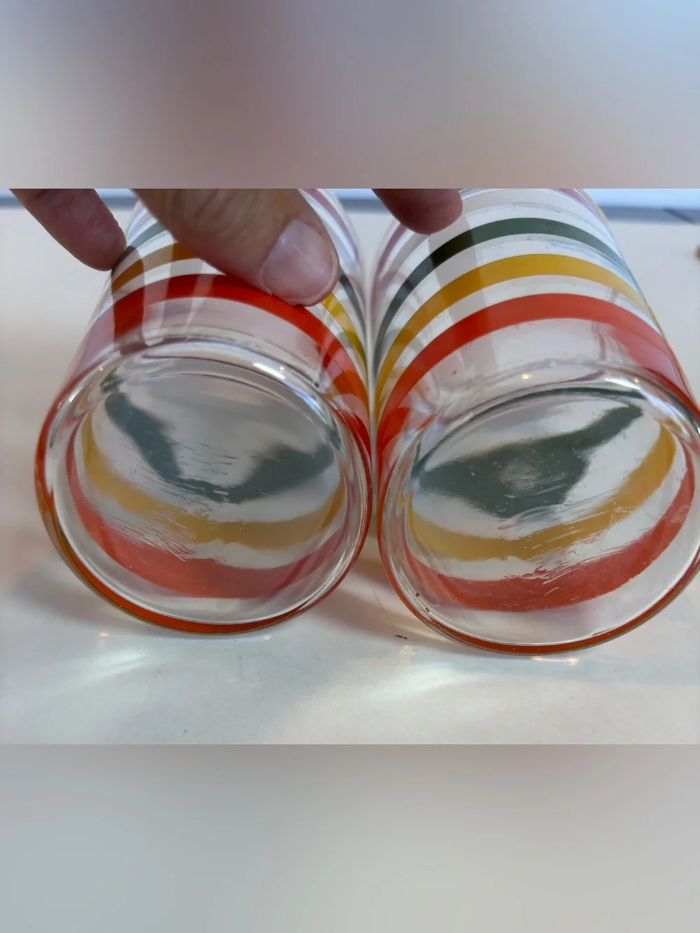 Vintage MCM Fiesta Stripe Glass Tumblers Set of 2 Rainbow Banded 4.75”